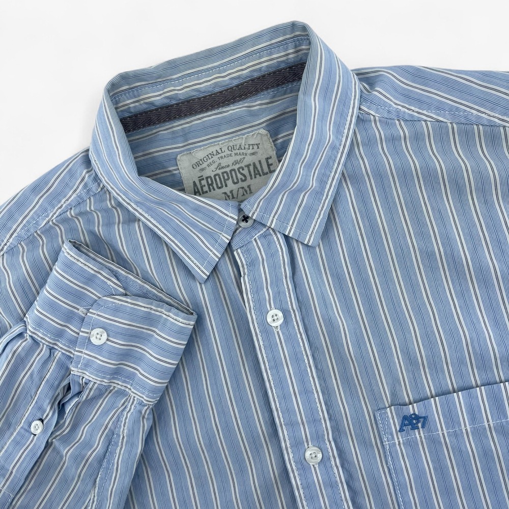 Aeropostale Mens Striped Long Sleeve Button Down Shirt Blue White Size M Medium